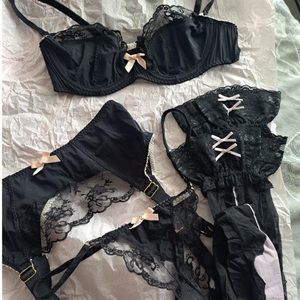 Agent Provocateur three piece set black with pink bows including stocking
